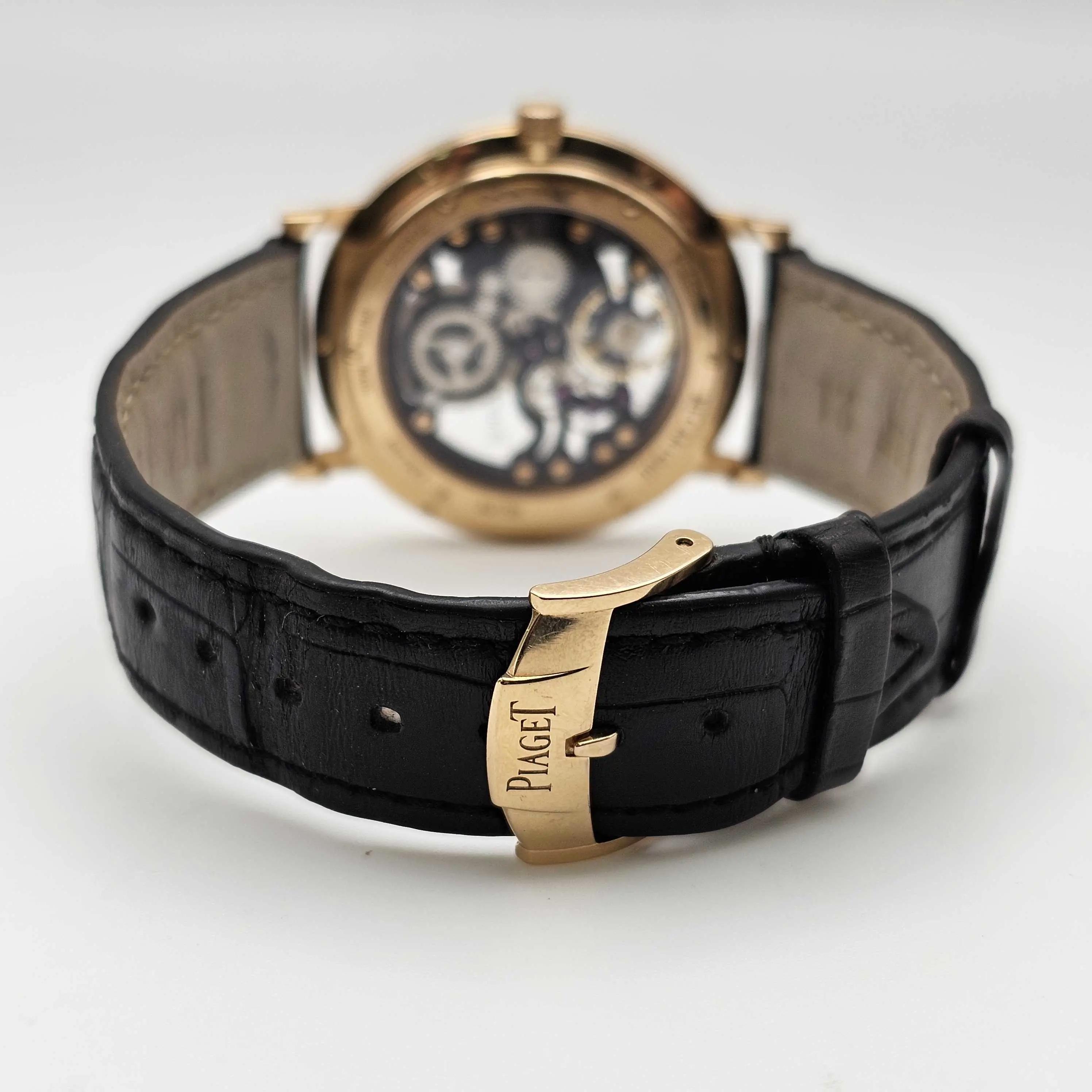 Back View Of Exhibition Back Case And Closed Leather Band Of Piaget G0A34116 Watch Pre Owned Condition